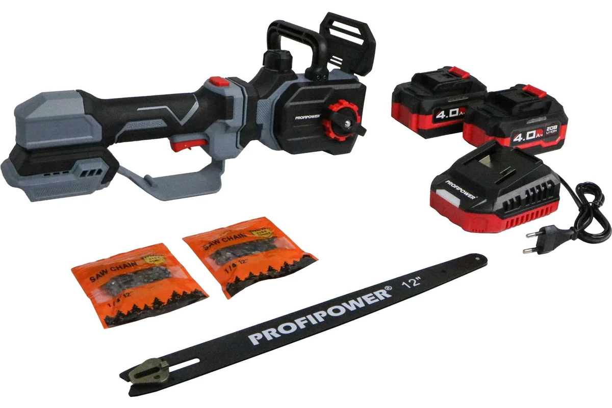 Аккум. б/щ цепная пила PROFIPOWER PROFIPOWER PL-12 с штангой телескоп. (20В,12", Li-ion-2шт, 4.0Ач) 