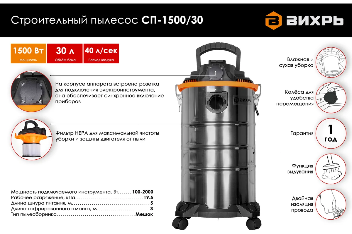 Пылесос строительный СП-1500/30 1500Вт, 30л, 4насадки,шнур 5м