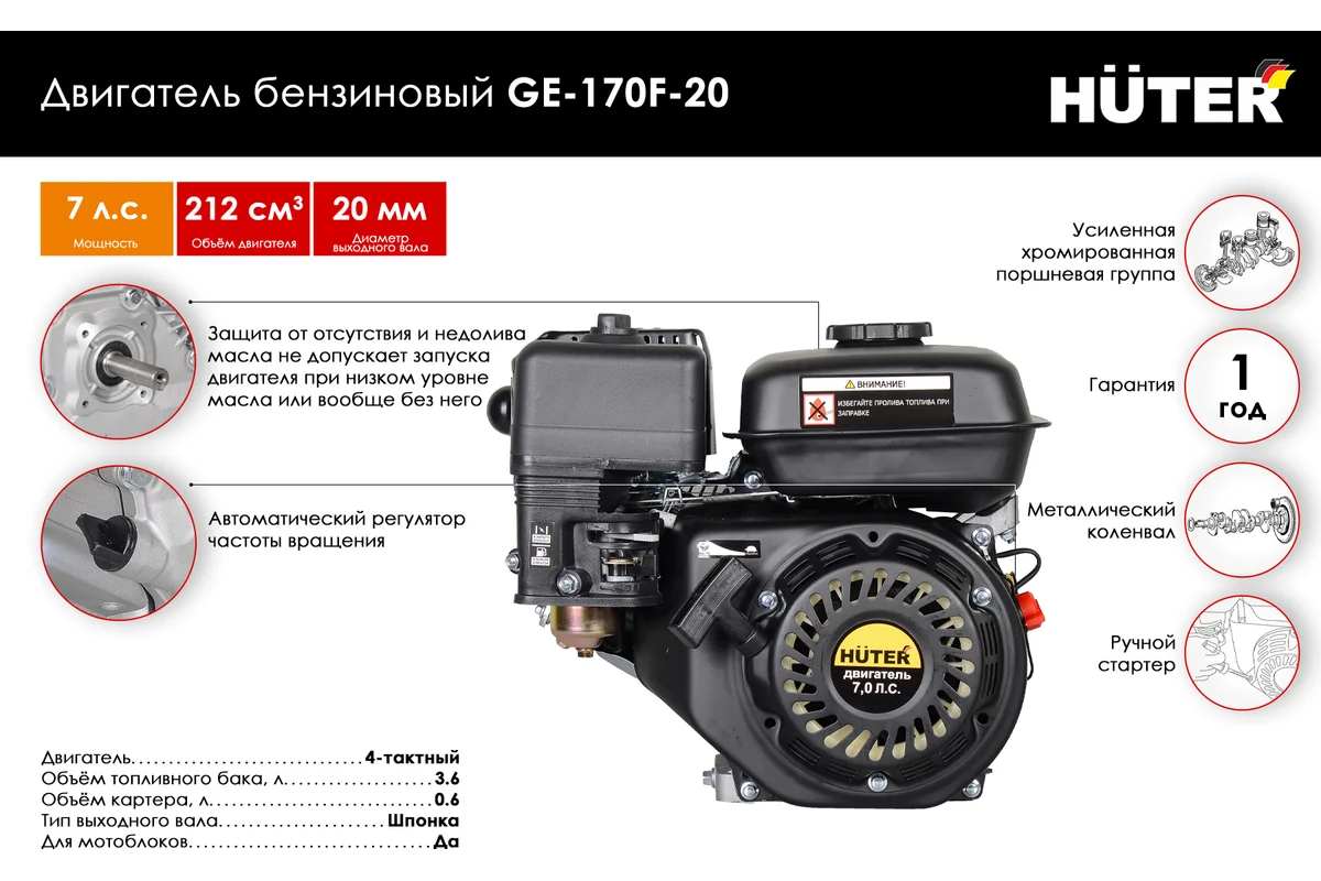 Двигатель бензиновый GE-170F-20 HUTER
