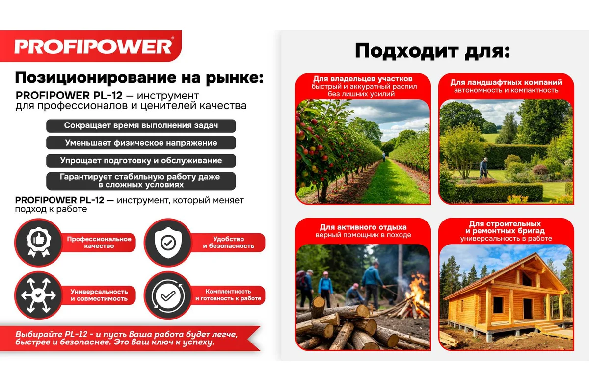 Аккум. б/щ цепная пила PROFIPOWER PROFIPOWER PL-12 с штангой телескоп. (20В,12", Li-ion-2шт, 4.0Ач) 
