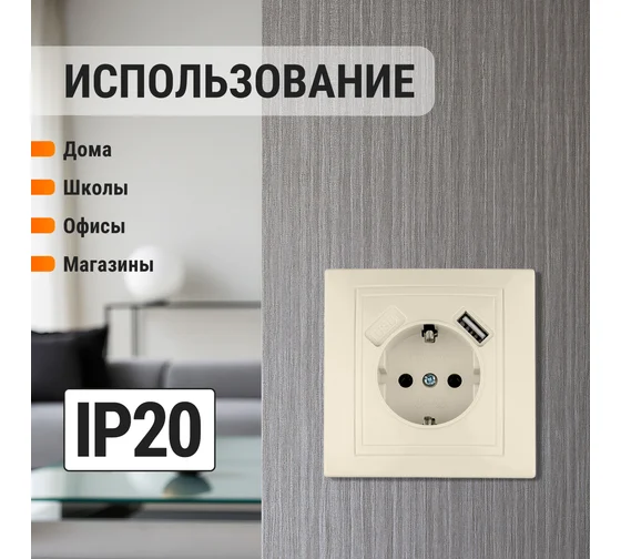 Розетка двойная 2П 16А  + USB 2.1A 5B сл. кость (земля, шторки, керам. осн.) "Таймыр" TDM*
