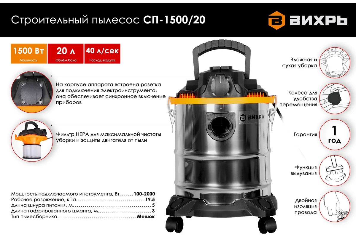 Пылесос строительный СП-1500/20 1500Вт, 20л, 4насадки,шнур 5м