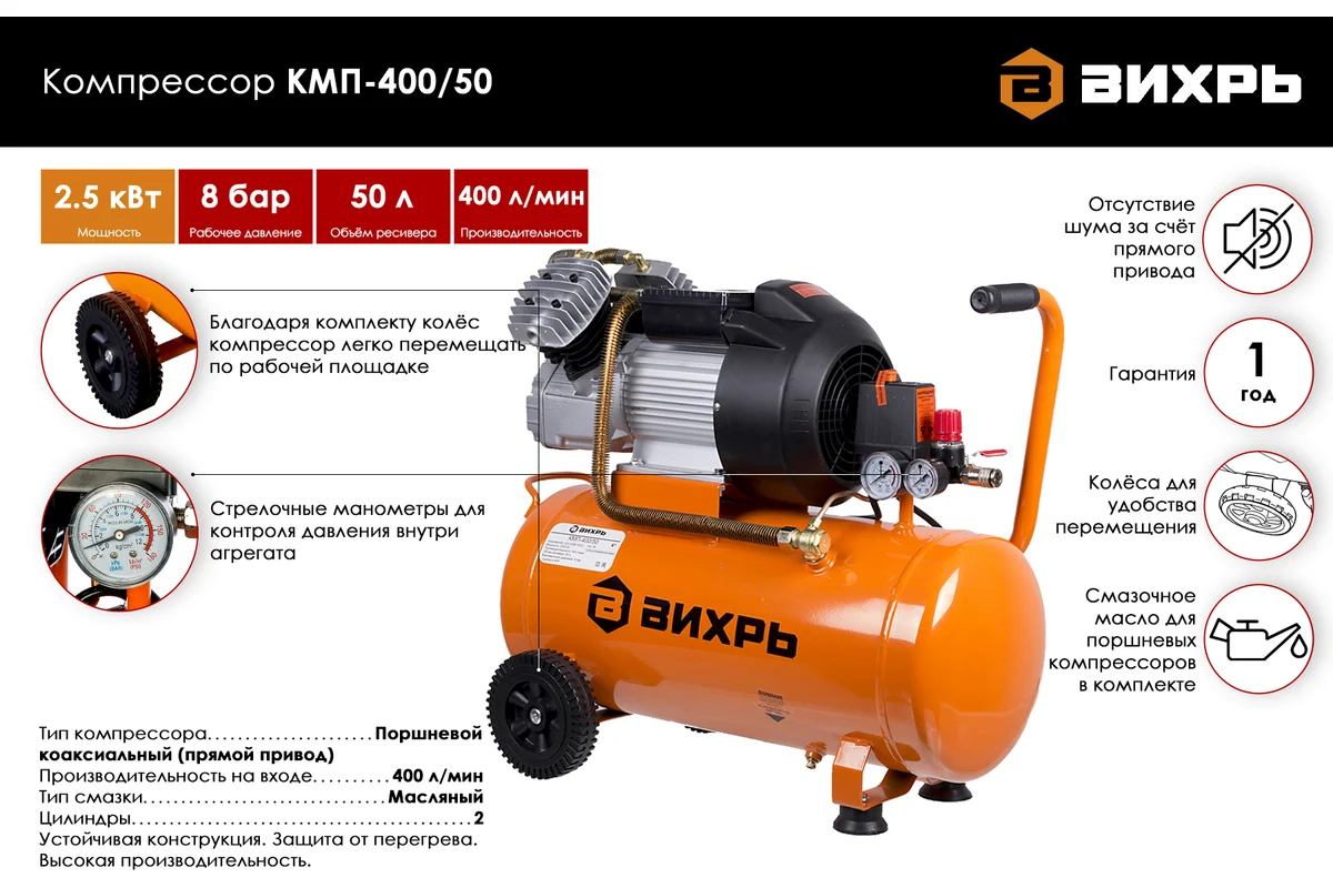 Компрессор Вихрь КМП-400/50, 220В, 400л/мин,2,5кВт масляный,ресивер 50л