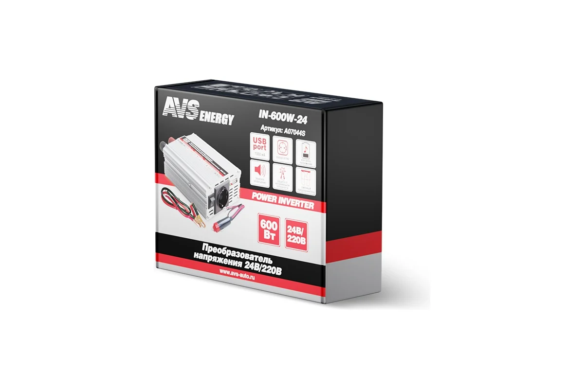 Инвертор автомобильный 24/220V AVS IN-600W-24