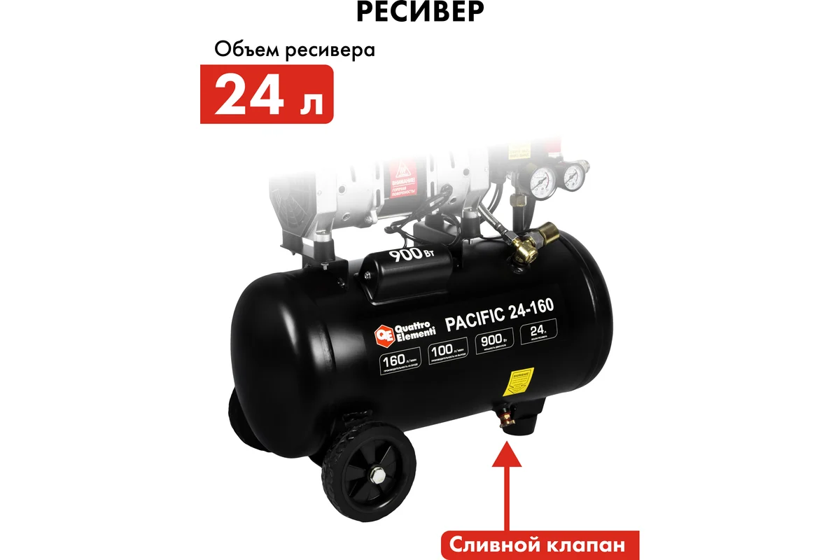 Компрессор поршневой безмасляный QUATTRO ELEMENTI PACIFIC-24 (160 л/мин, 24л, 1,2 л.с, 8 бар, 19кг, 
