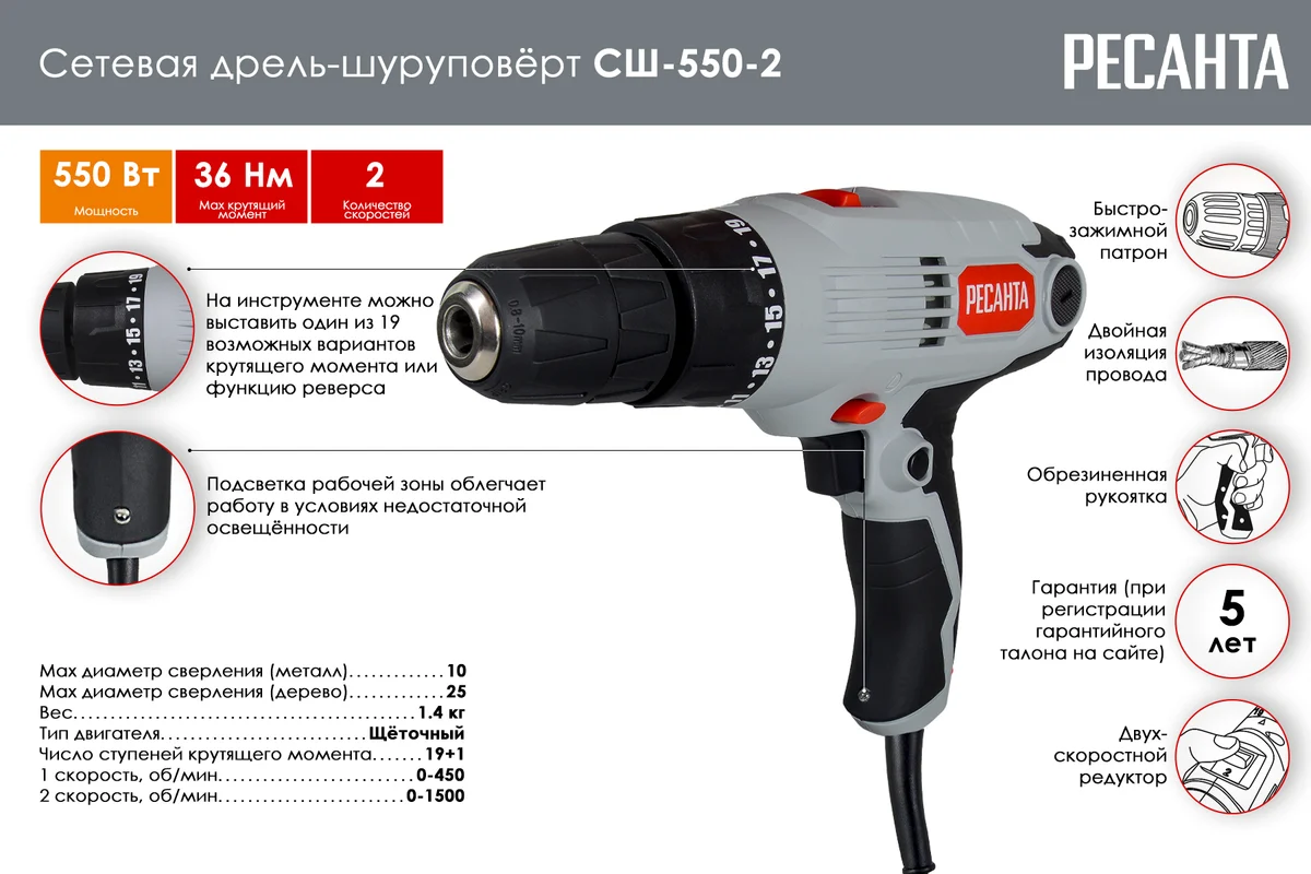 Сетевой шуруповерт СШ-550-2 Ресанта