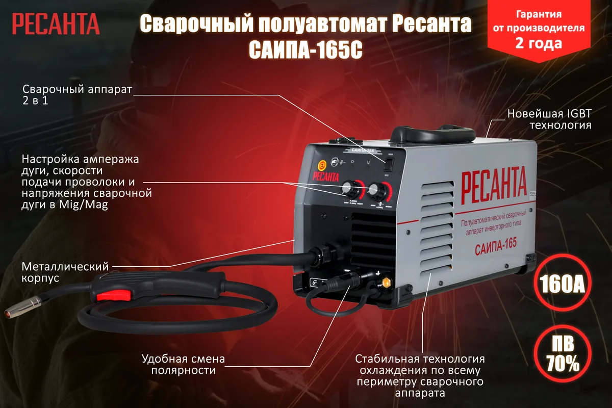 РЕСАНТА Сварочный аппарат инверторный полуавтомат САИПА-165С, 165А, MIG-MAG/MMA