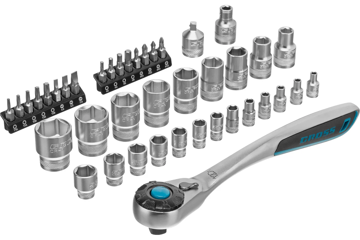 Набор торцевых головок, трещотка 120 зубьев, 1/2", 1/4", CrV, 41 предмет// Gross