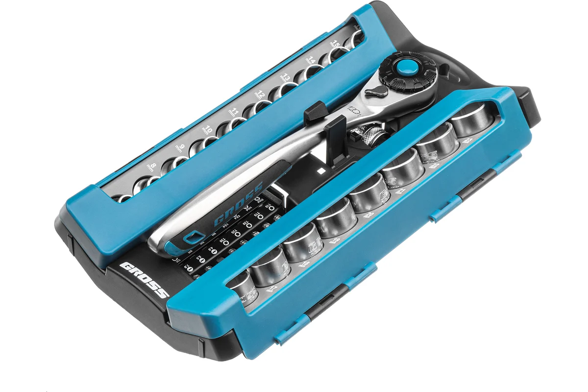 Набор торцевых головок, трещотка 120 зубьев, 1/2", CrV, 36 предметов// Gross