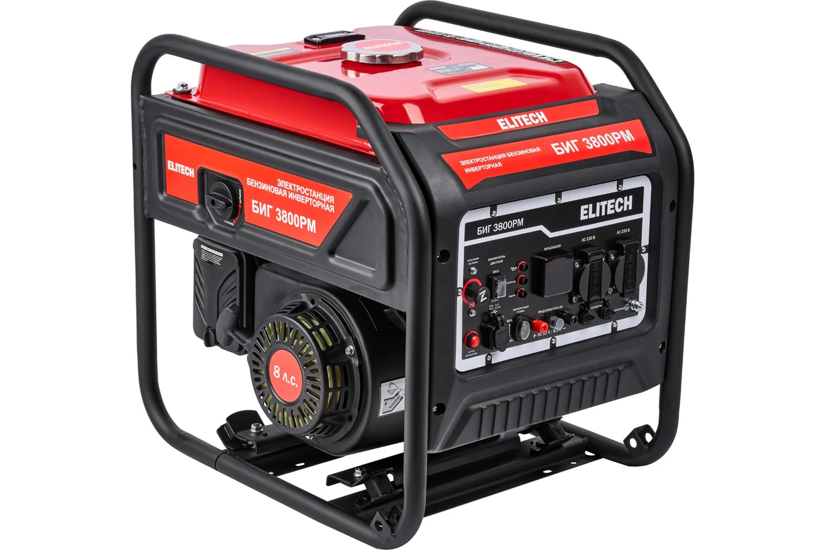 ELITECH БИГ 3800РМ Генератор бен.инв,4-т,мак3/ном2,8кВт,т/б-15л,руч.ст,2USB,2роз230В-16А,27кг,дисп.