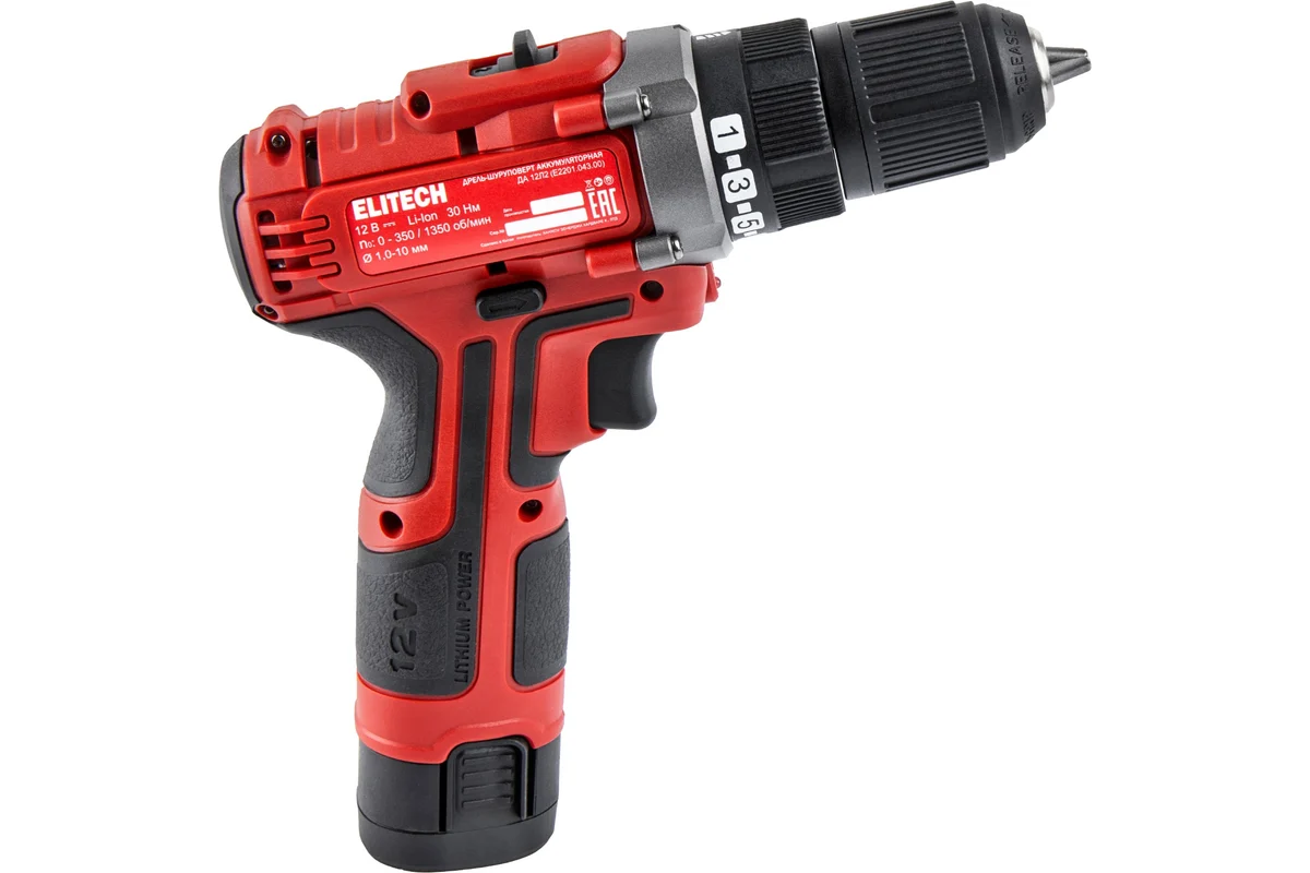 ELITECH ДА 12Л2 (E2201.043.01)Дрель акк, 12В, 2х2.0Ач, Li-ion, E-Power, БЗП-10мм, 0-350/1350об/мин, 