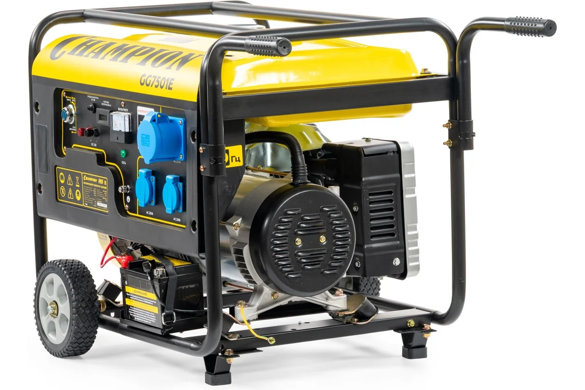 Генератор CHAMPION GG7501E (PRO 6/6,5кВт 15лс 25л 12В 83,3кг, эл.стартер, счетчик, колеса)