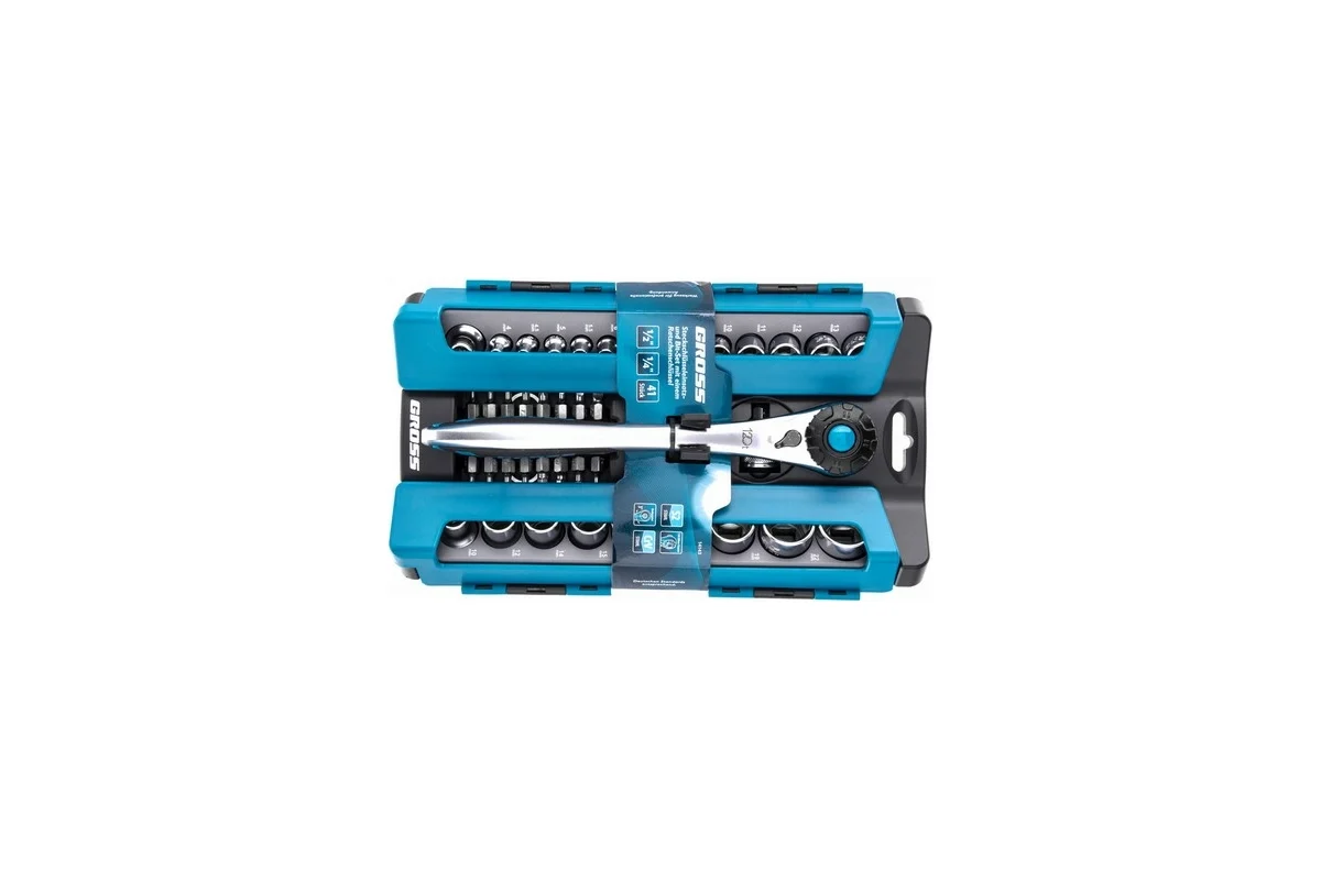 Набор торцевых головок, трещотка 120 зубьев, 1/2", 1/4", CrV, 41 предмет// Gross