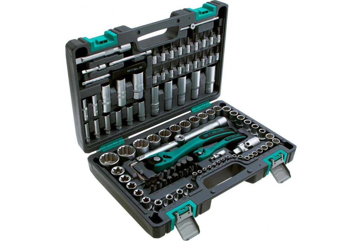 Набор инструментов 1/2", 1/4", CrV, 12 гранные головки, пластиковый кейс, 109 предмета// Stels