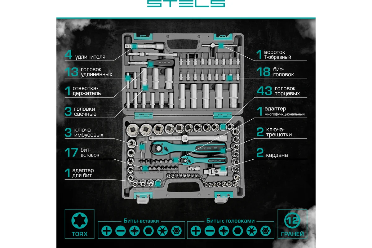 Набор инструментов 1/2", 1/4", CrV, 12 гранные головки, пластиковый кейс, 109 предмета// Stels