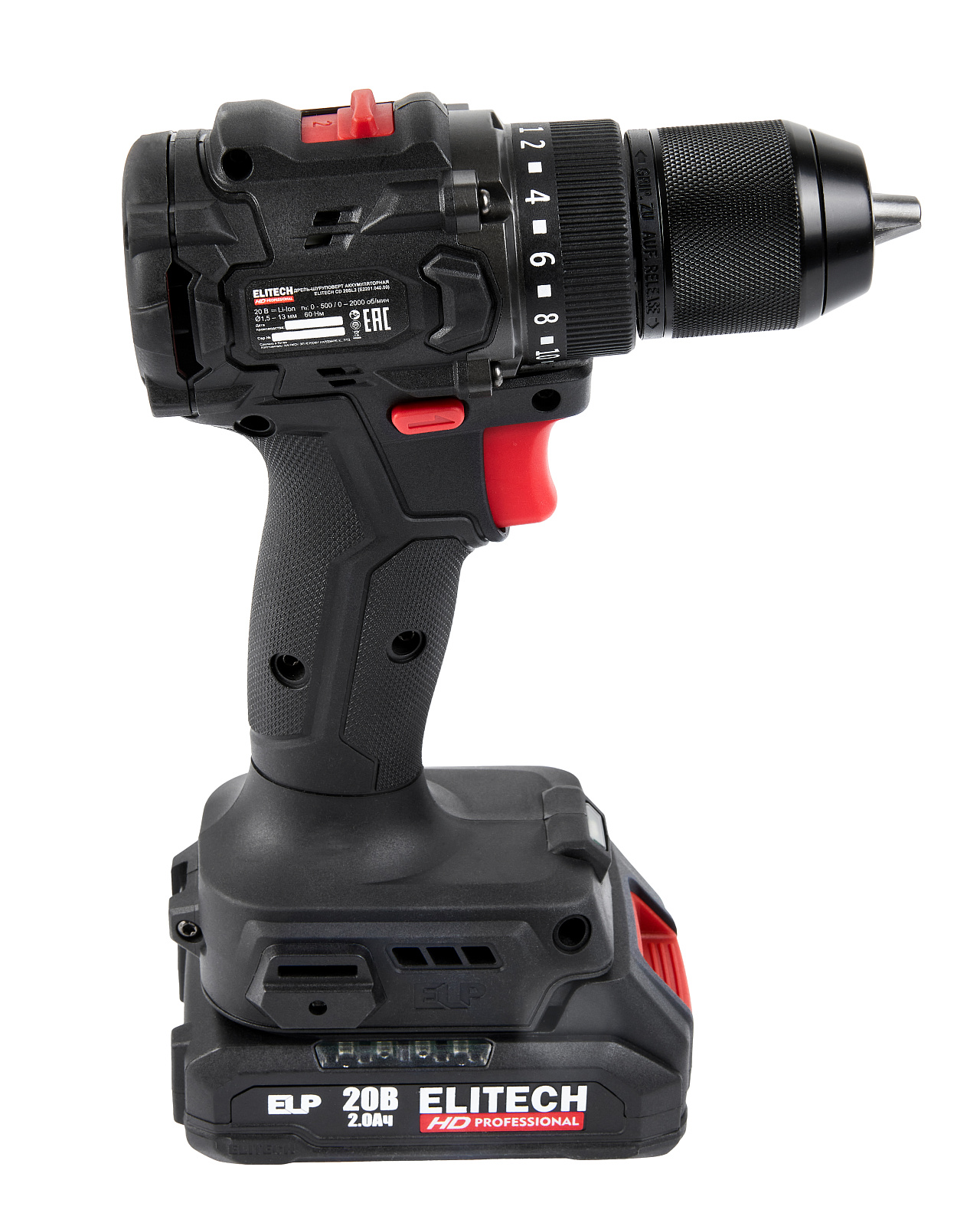 ELITECH CD 20SL2 Аккум.дрель-шуруповерт б/щёт, 20В 2х2.0Ач,БЗП-13мм, 0-500\2000об\м, 60Нм