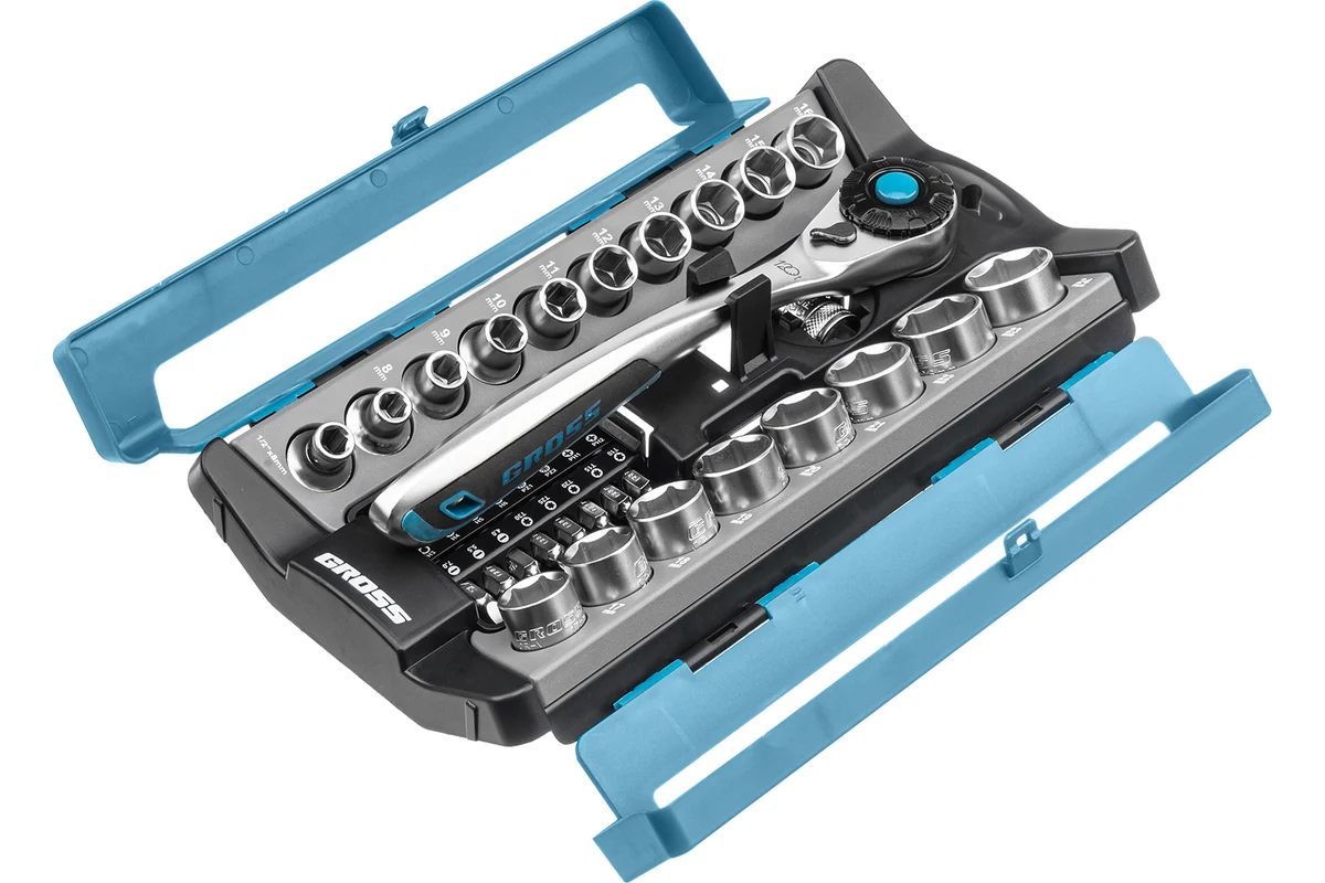 Набор торцевых головок, трещотка 120 зубьев, 1/2", CrV, 36 предметов// Gross