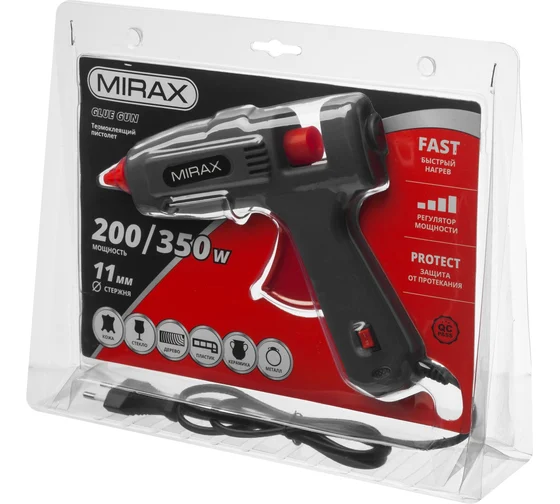 Пистолет термоклеящий, 200Вт/350Вт 220В, стержни 11мм //MIRAX