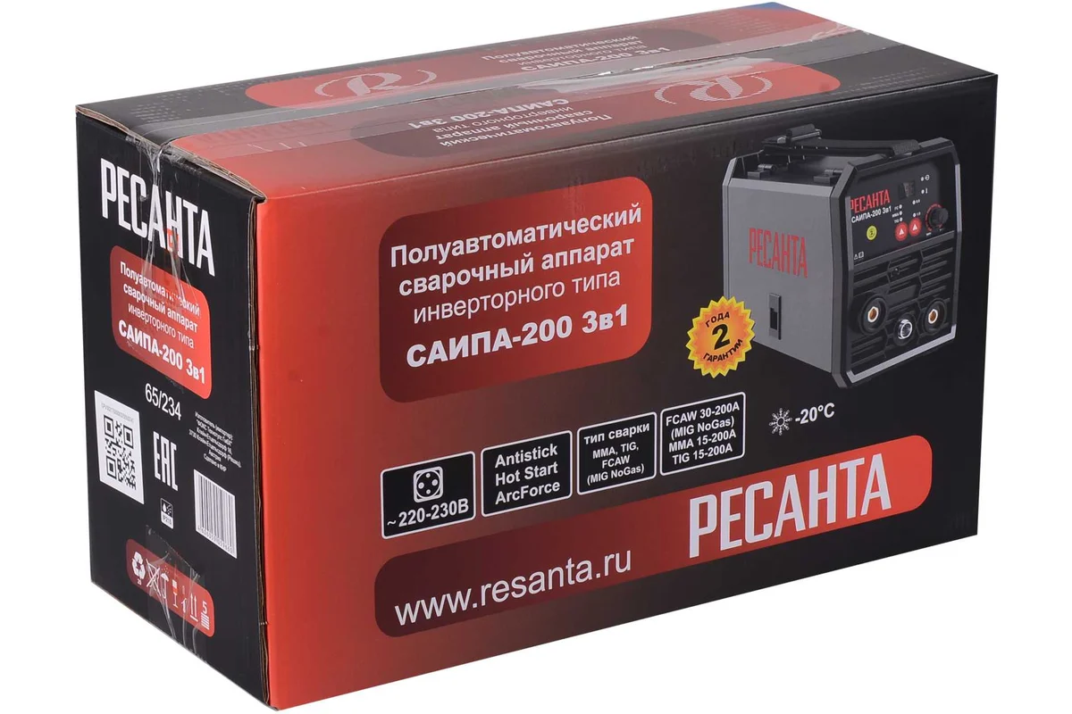 Сварочный полуавтомат САИПА-200 3в1 инвертор, полуавтомат, MMA, FCAW, TIG, 140-270 В, 15-200 Ресанта