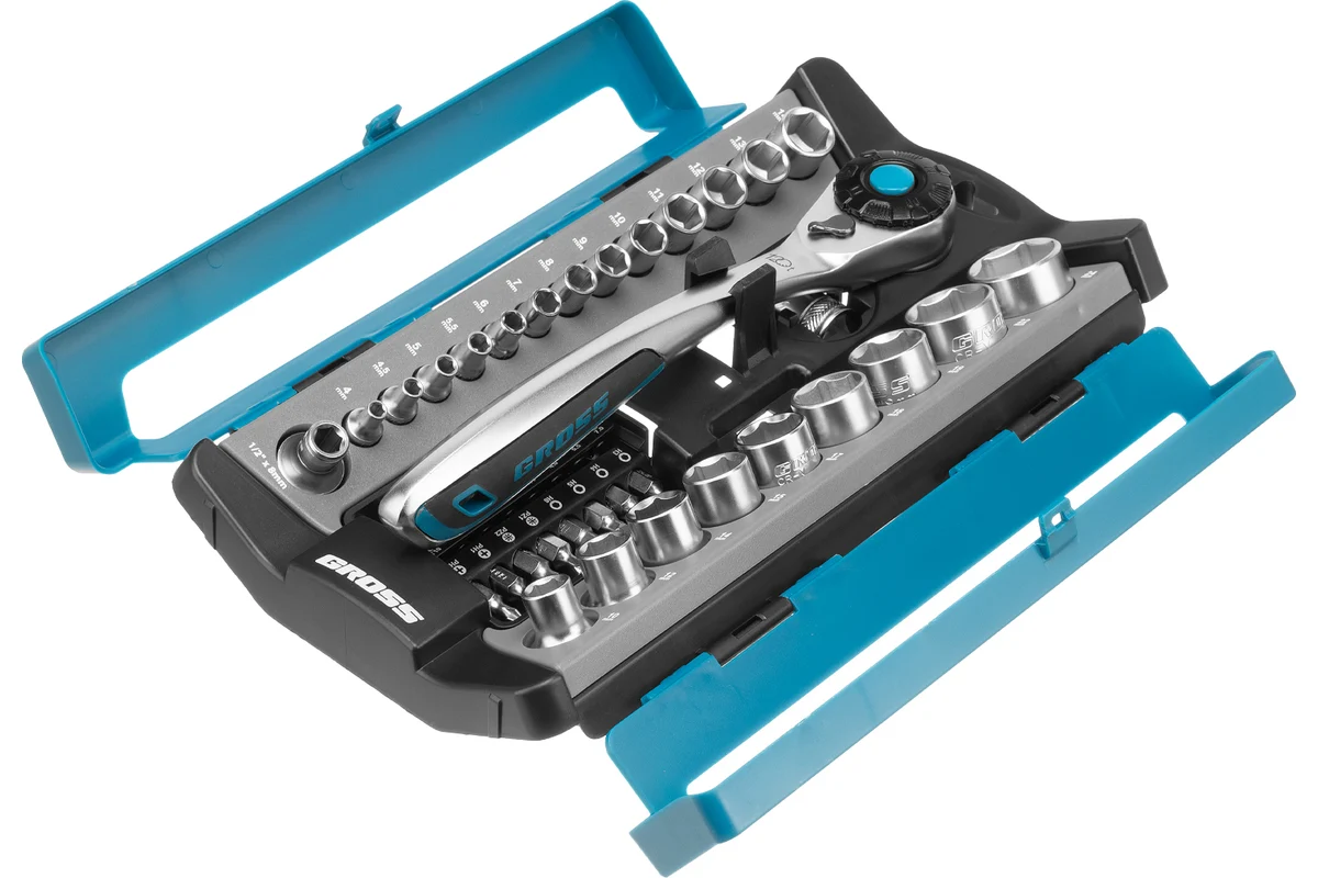 Набор торцевых головок, трещотка 120 зубьев, 1/2", 1/4", CrV, 41 предмет// Gross