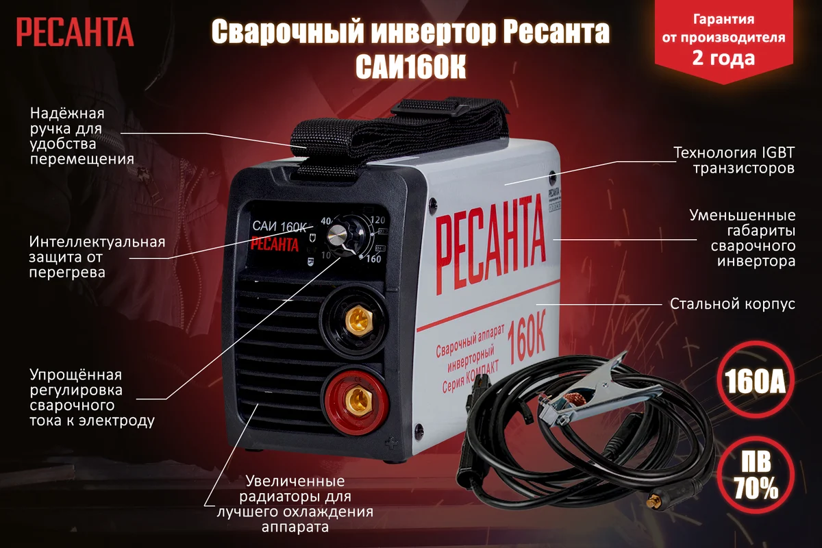 РЕСАНТА Сварочный аппарат инверторный  САИ-160К (компакт), 220В, электроды 1-4мм