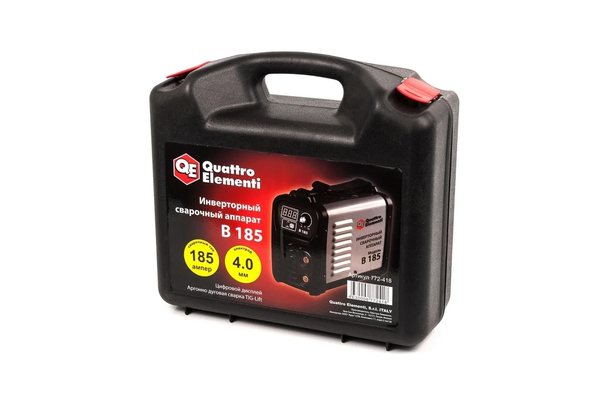 Аппарат электродной сварки, инвертор QUATTRO ELEMENTI B 185 (185 А, ПВ 80%, до 4.0 мм, 5.0 кг, Диспл