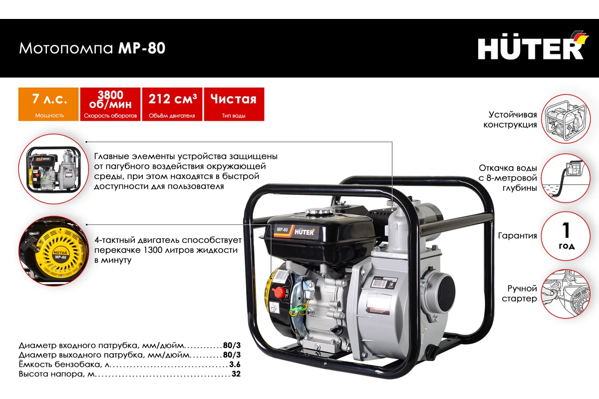 Мотопомпа HUTER MP-80, 4х-тактн. дв., 7 л/с, 900л/мин 8/30м, 22 кг, 3"  д/чистой воды
