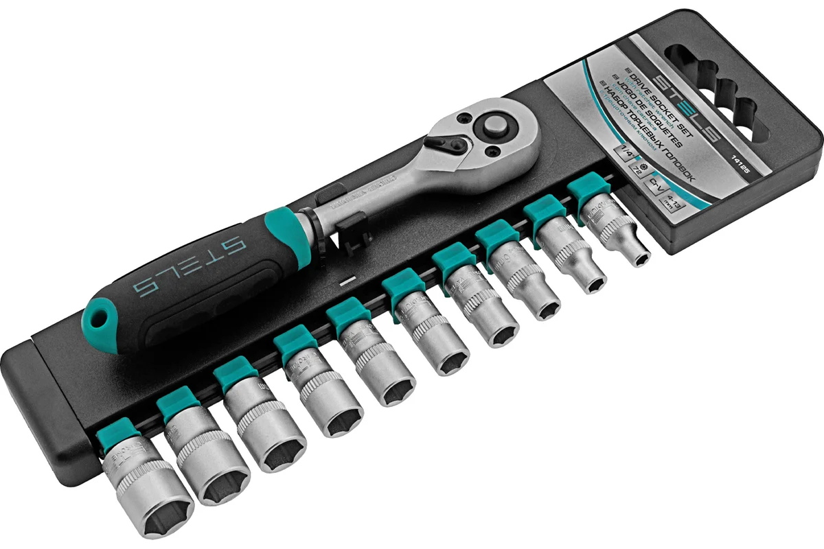 Набор торцевых головок, 1/4", головки 4 - 13 мм, с трещот. ключом, CrV,11 предметов// Stels