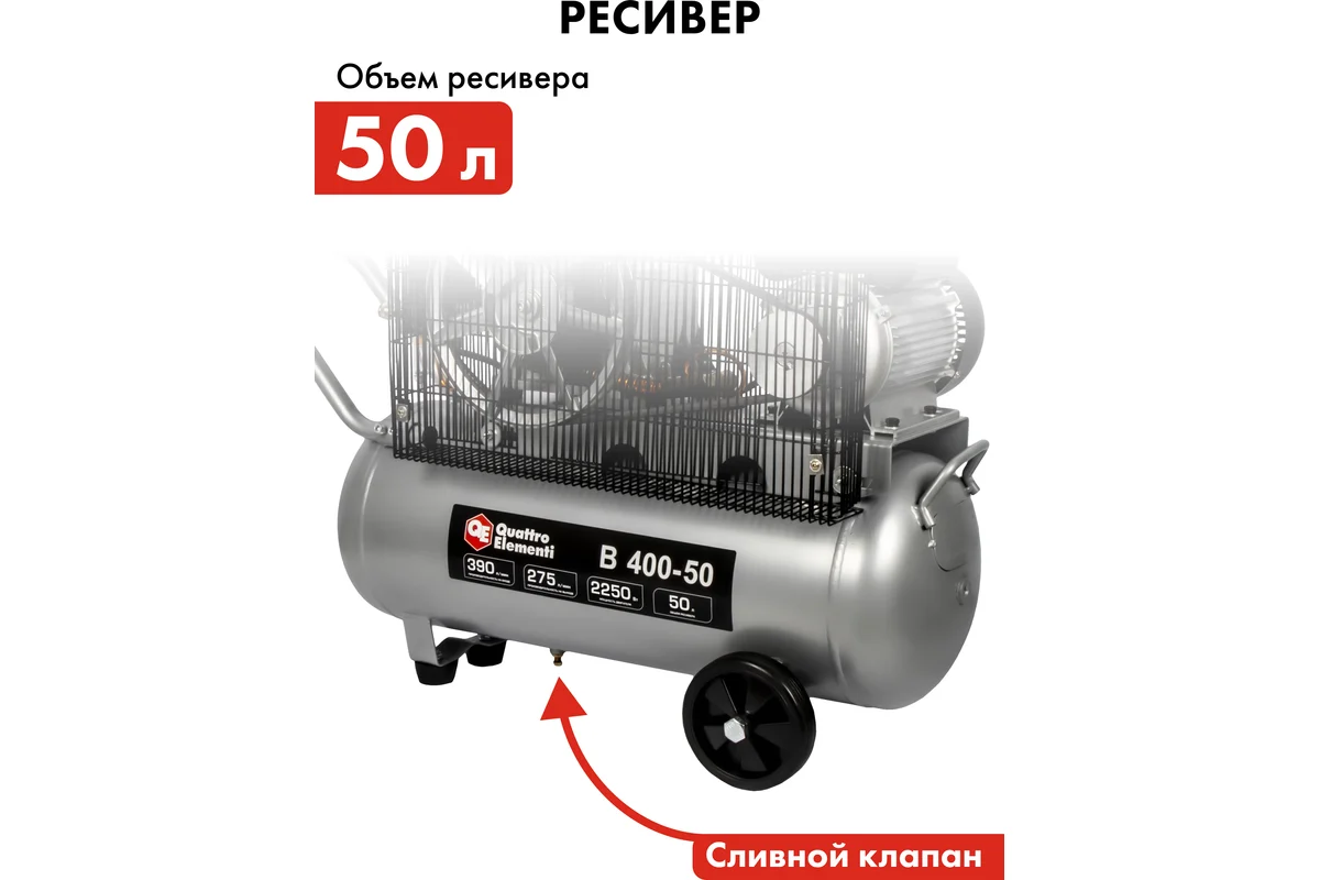 Компрессор поршневой масляный QUATTRO ELEMENTI B 400-50 (390 л/мин, 50л, 3л.с, 8 бар, 67кг)