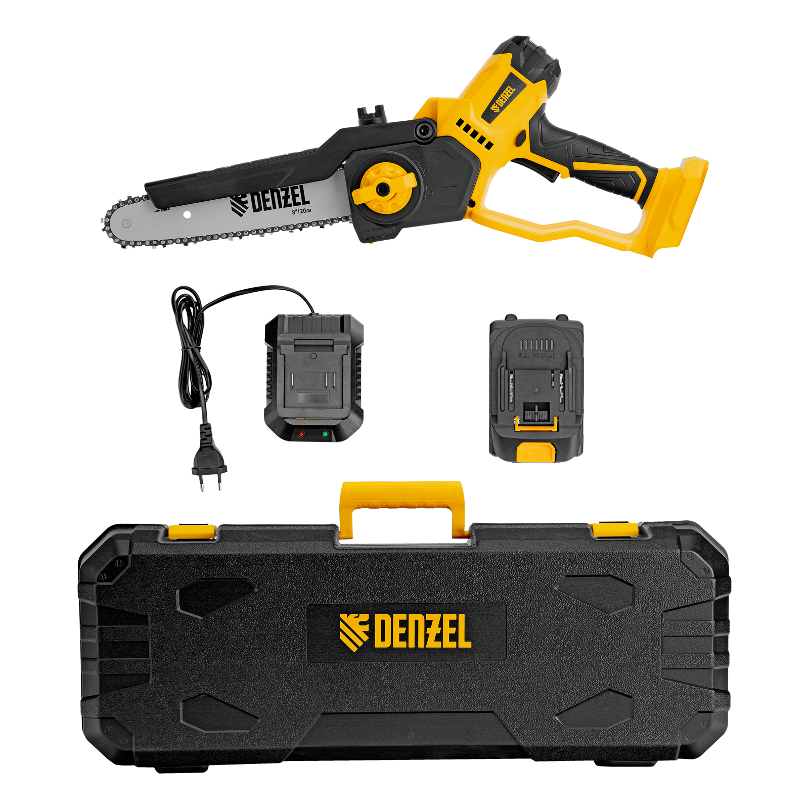 Цепная мини-пила аккумуляторная бесщет., СCS-200BL, шина 200 мм, Li-Ion, 20 В, // Denzel