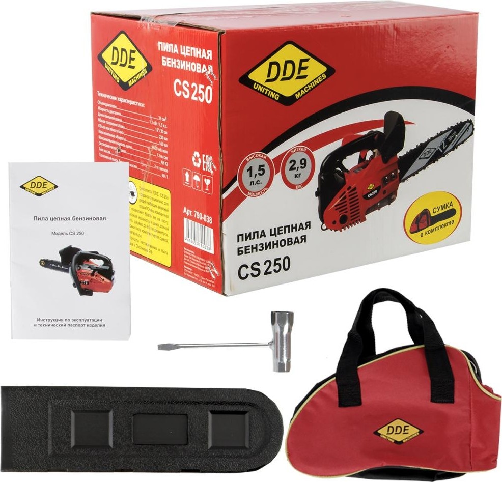 Пила цепная бензиновая DDE CS250-12" (25,4 см3 1,1 кВт/1,5 л.с. 30 см 3/8"PM/45/1,3)
