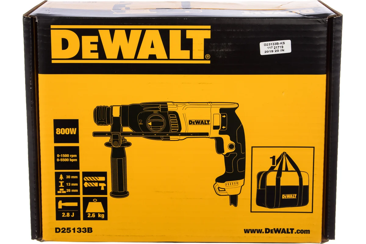 Перфоратор D 25133B  DeWalt, 800Вт, SDS+, 2,9Дж 3х режимный, сумка