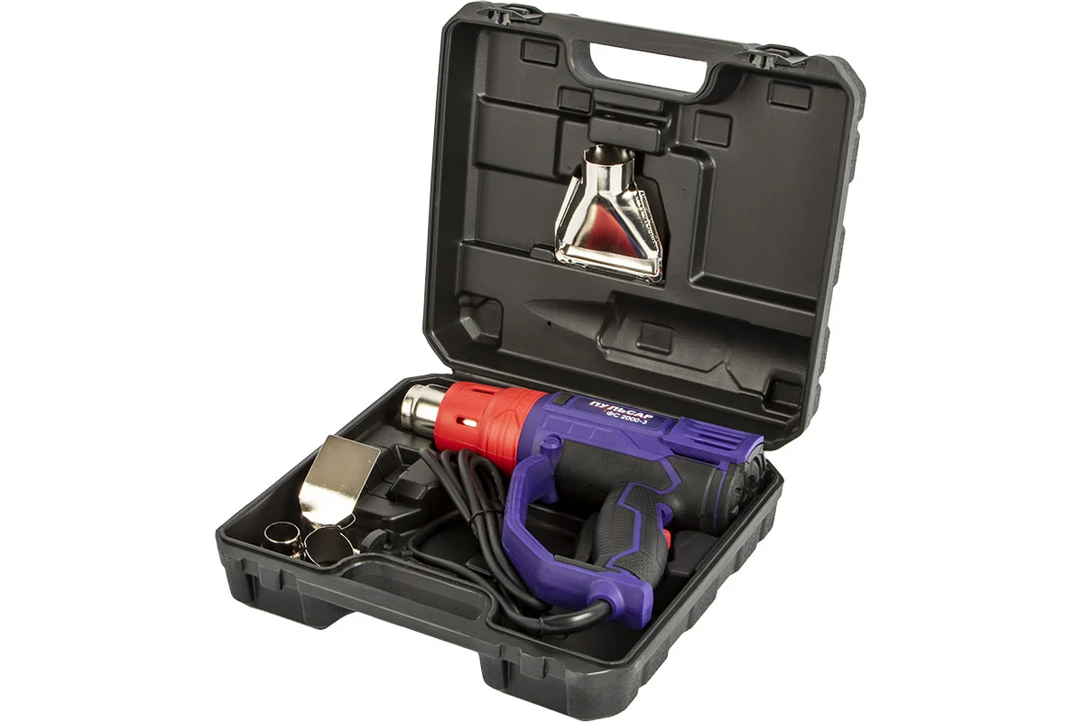 Фен строительный ПУЛЬСАР ФС 2000-3 2000 Вт, 60/600 С, 0,9кг+4насадки,кейс