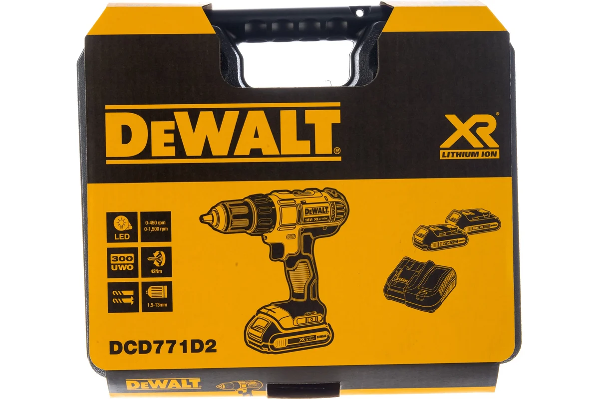 Аккум. дрель DeWalt  DCD 771 D2, 18В,2х2.0АчLi-ion,БЗП-13мм,0-450\1500об\м, 24/42Нм,1.5кг,кейс