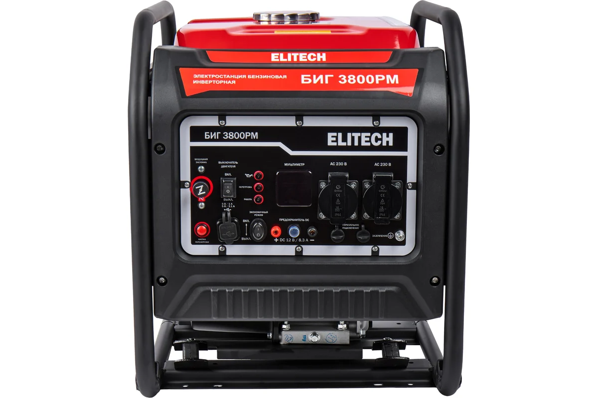 ELITECH БИГ 3800РМ Генератор бен.инв,4-т,мак3/ном2,8кВт,т/б-15л,руч.ст,2USB,2роз230В-16А,27кг,дисп.