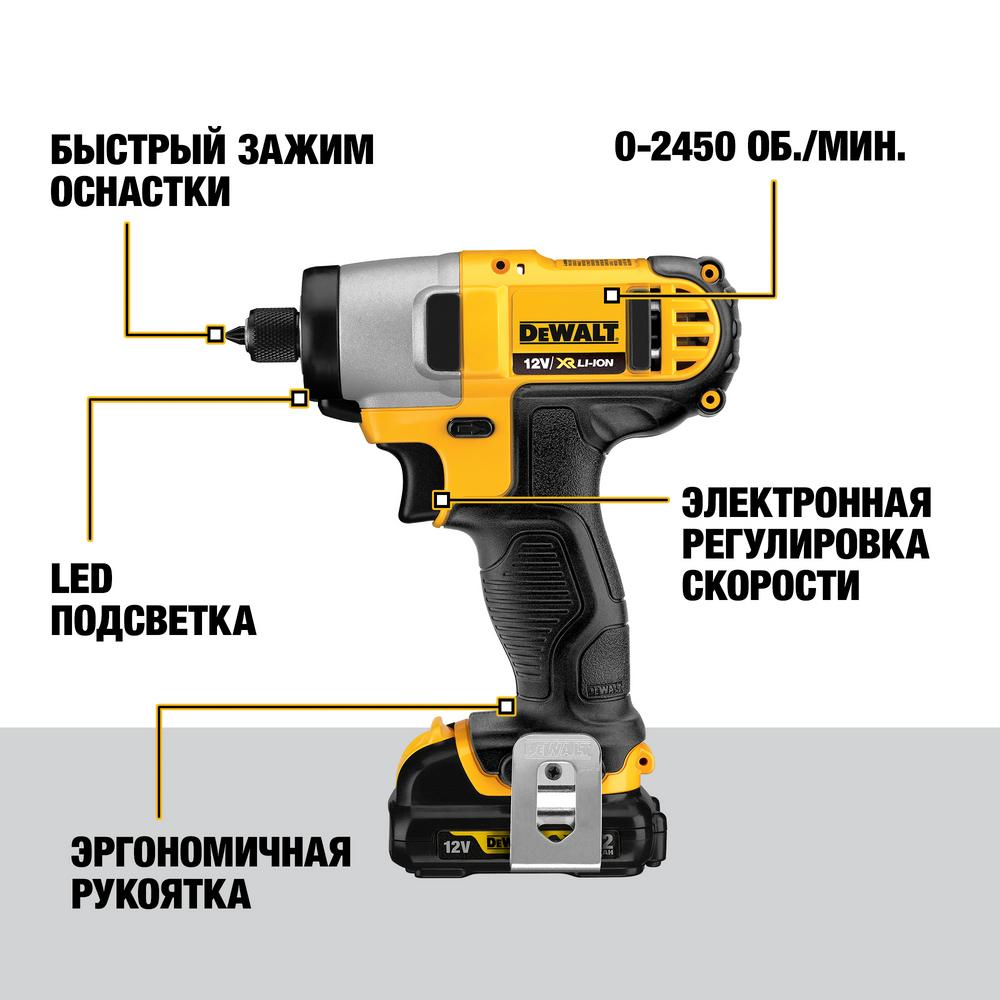 Аккум.импульсн. шуруп. DeWalt  DCF 815 D2, 12В, 2х2,0АчLi-Ion,2450об\м, 157Нм