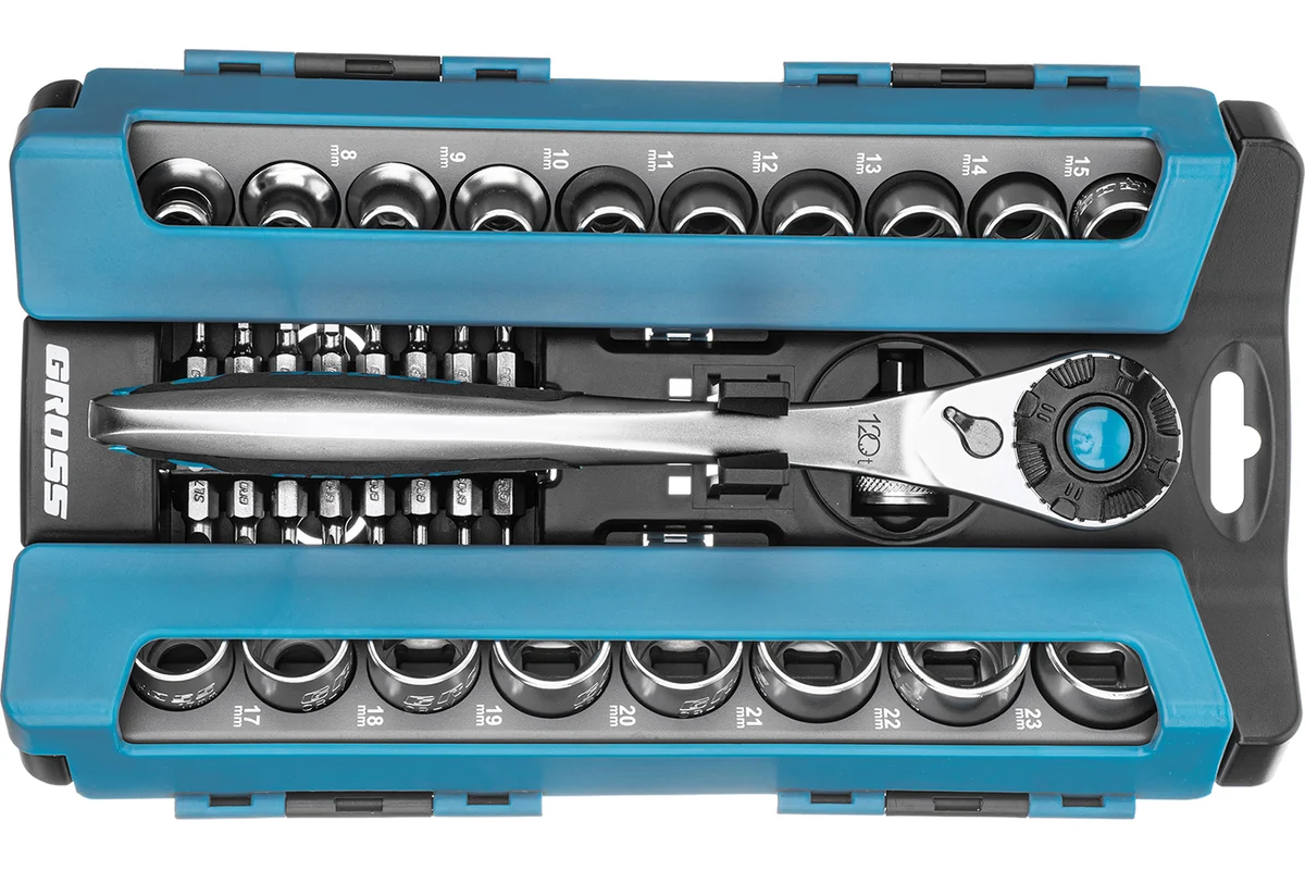 Набор торцевых головок, трещотка 120 зубьев, 1/2", CrV, 36 предметов// Gross