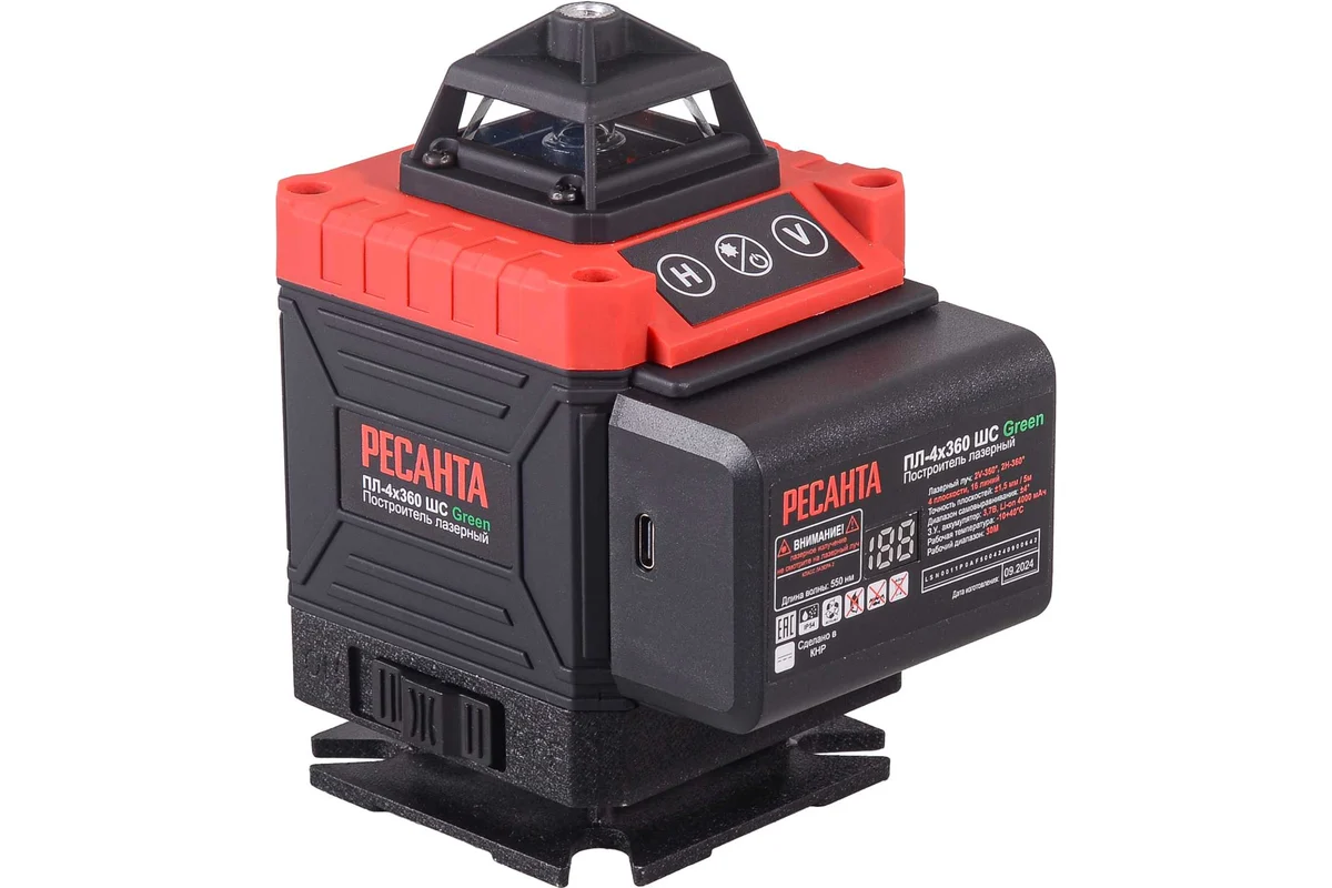 Построитель лазерный ПЛ-4Х360ШС Green Лучи: 2H-360º; точность: ±1,5 мм / 5 м; самовыравн  // Ресанта