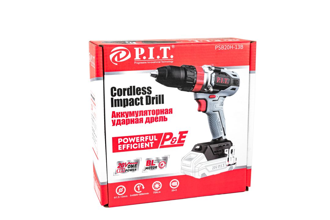 Дрель ударная аккум. бесщёточная P.I.T. PSB20H-13B SOLO (20В, 75Нм, метал патрон 13мм, 2ск, коробка)