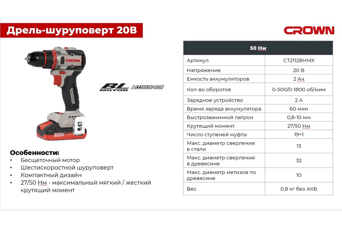 Аккумуляторный шуруповерт BL CROWN CT21128HMX-2 BMC