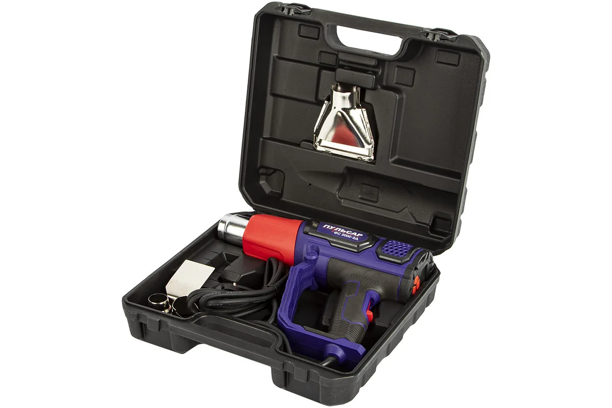 Фен строительный ПУЛЬСАР ФС 2000-2Д 2000 Вт, 60/600 С, LED дисплей 1кг,кейс+4 насадки